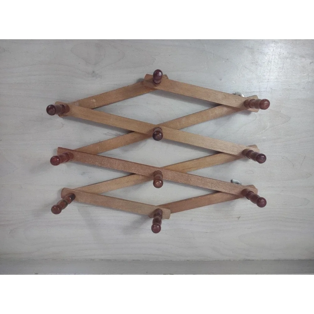 Vintage Wood Accordion Folding Peg Rack 10 Hook Expandable Wall Mug Hat Jewelry
